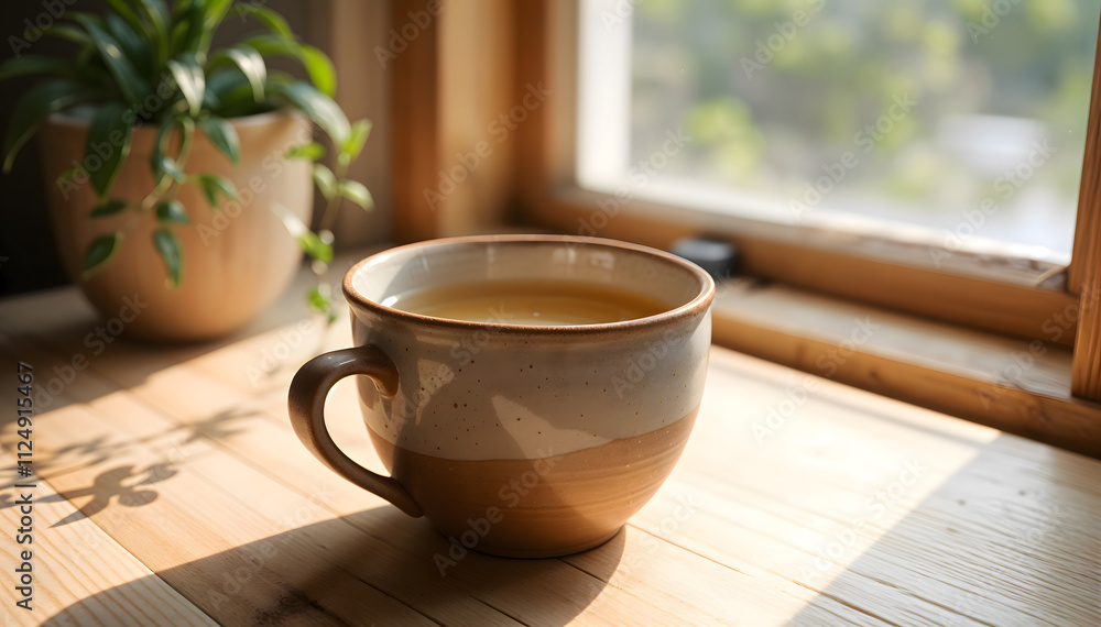 Morning Coffee In A Rustic Ceramic Mug By The Window Morning Coffee In A Rustic Ceramic Mug By The Window
