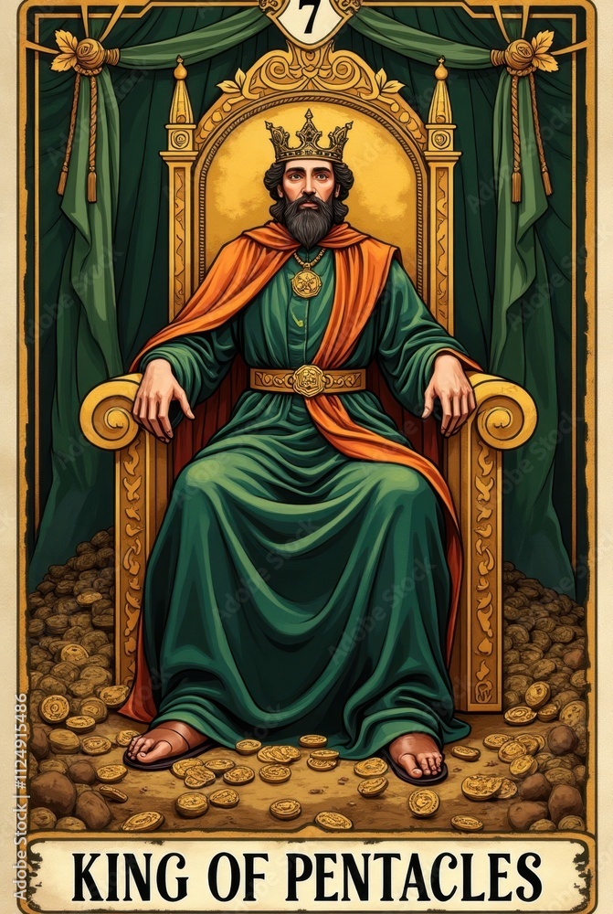 Fototapeta premium King of Pentacles Tarot Card on a Golden Throne