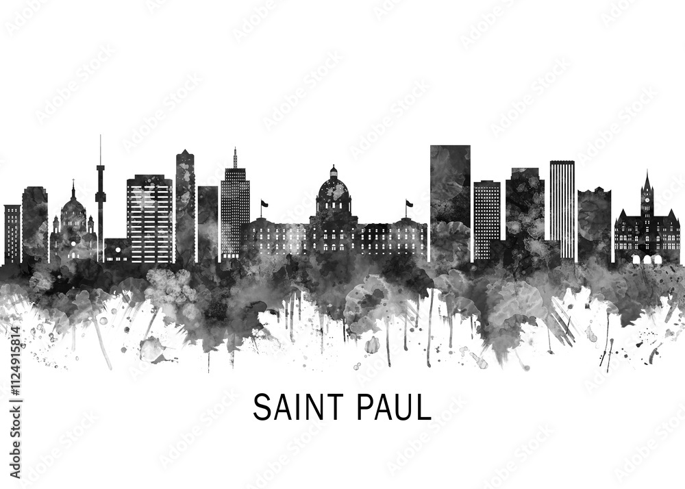 Obraz premium Saint Paul Minnesota Skyline BW, cityscape landscape watercolor painting print poster abstract splash illustration urban art modern downtown landmarks skyscrapers