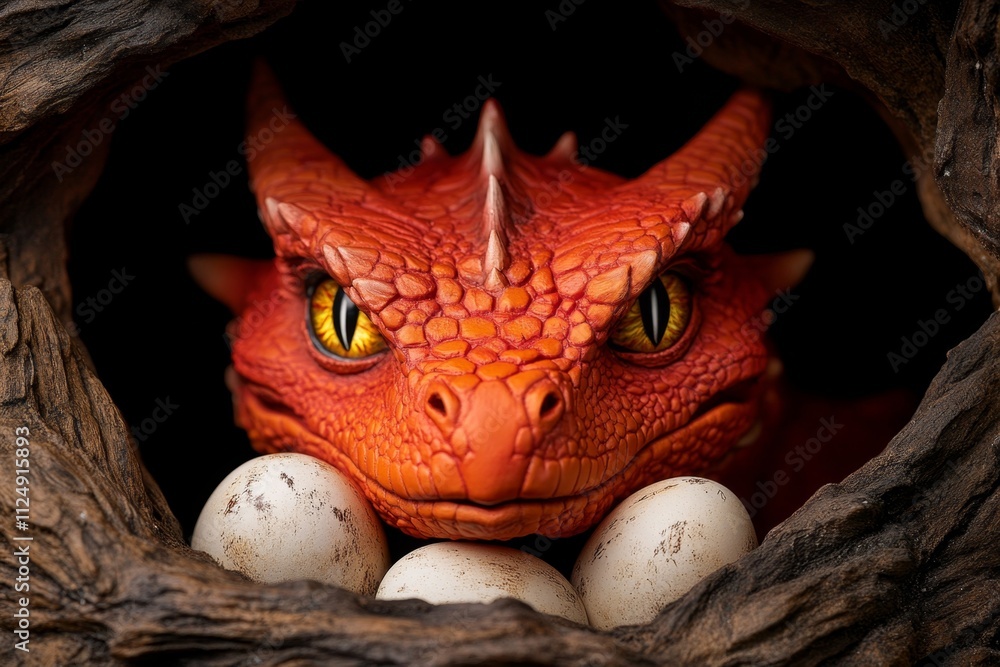 A mother dragon protecting her clutch of eggs in a hidden cave, her eyes glowing with fierce determination A mother dragon protecting her clutch of eggs in a hidden cave, her eyes glowing with fierce determination