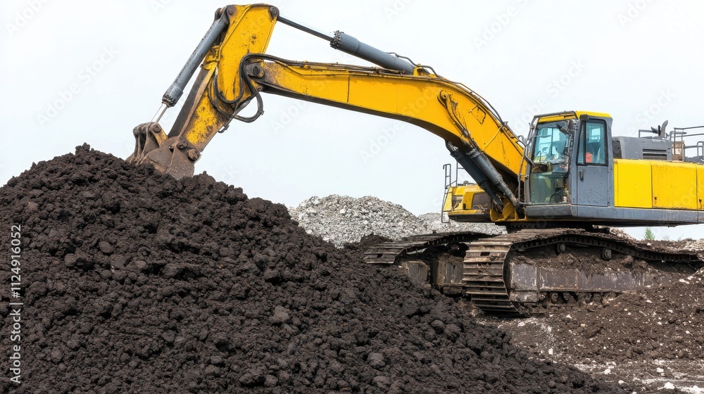Excavator Digging Soil on Construction Site with Piles of Earth Nearby Excavator Digging Soil on Construction Site with Piles of Earth Nearby