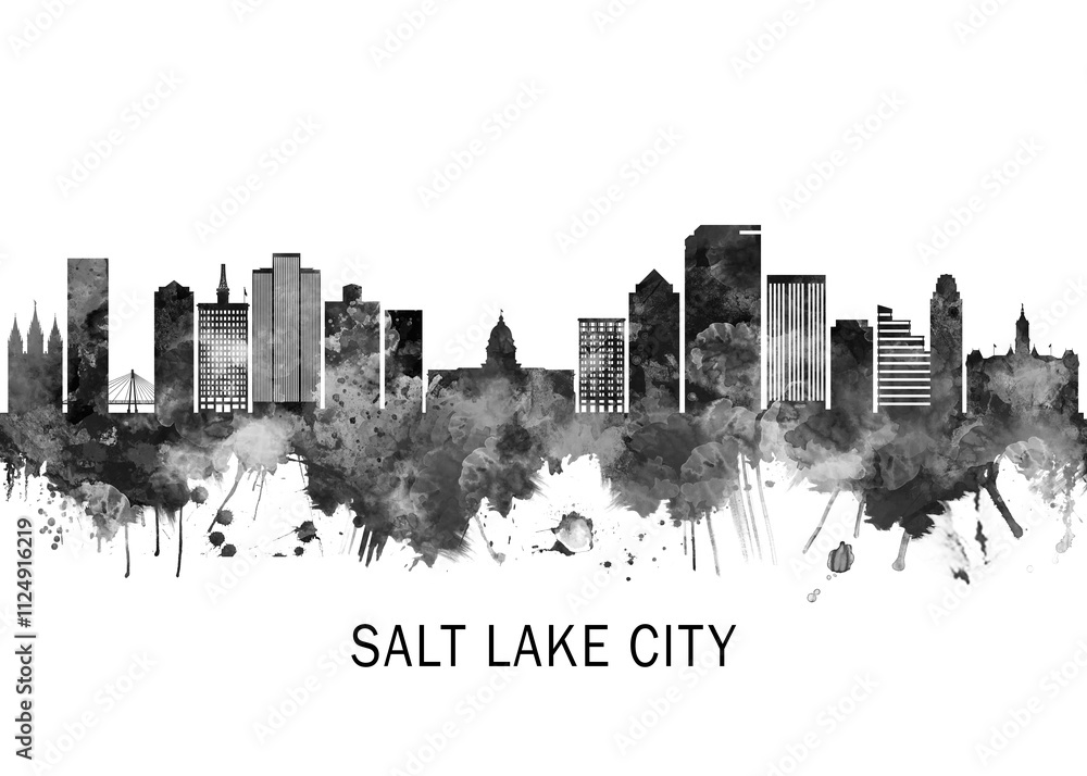 Salt Lake City Utah Skyline BW, cityscape landscape watercolor painting print poster abstract splash illustration urban art modern downtown landmarks skyscrapers