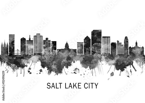 Obraz na płótnie Salt Lake City Utah Skyline BW, cityscape landscape watercolor painting print poster abstract splash illustration urban art modern downtown landmarks skyscrapers w salonie