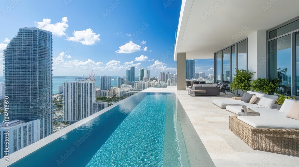 Naklejka premium Contemporary luxury layout with seamless glass walls, infinity pools, and high-end furnishings