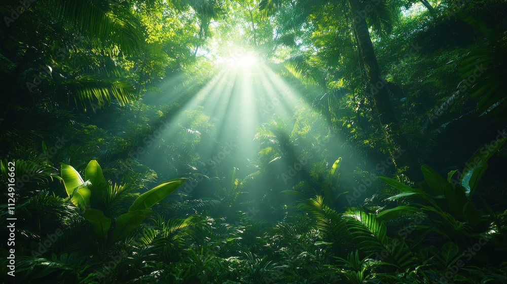 Nature background featuring a lush rainforest with sunlight breaking through the canopy Nature background featuring a lush rainforest with sunlight breaking through the canopy