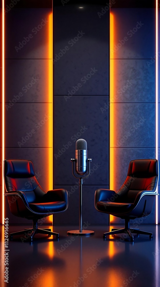 Two Chairs and Microphones in Podcast Room on Dark Background Wide Banner with Copyspace for Media Conversations