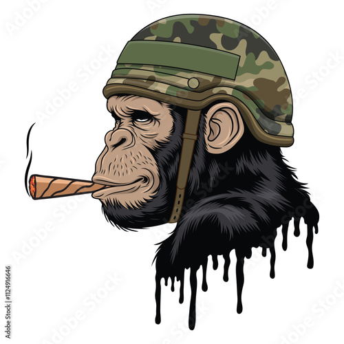 Military Gorilla vector, Ape smoking cigarette vector art illustration