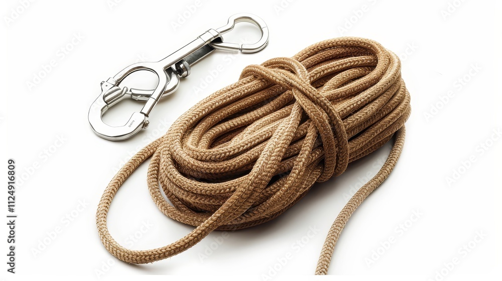 A coiled rope with a metal clip, commonly used for securing or tethering objects. A coiled rope with a metal clip, commonly used for securing or tethering objects.