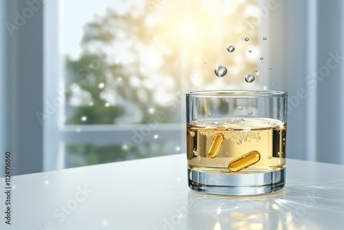 A pill being dissolved in a glass of water, with bubbles rising to the surface and light refracting through the liquid