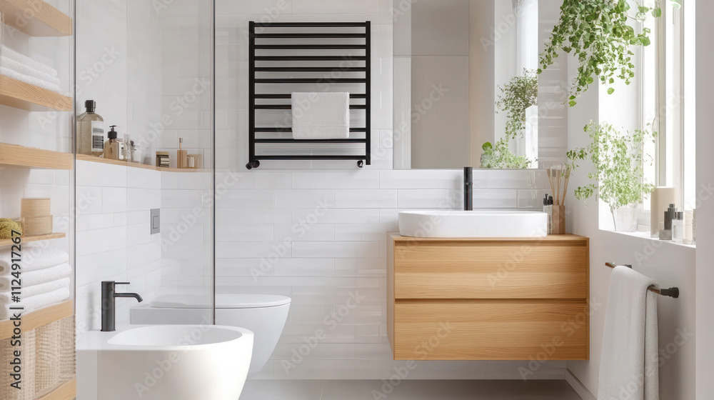 Modern minimalist faucet in small bathroom with brown accent Modern minimalist faucet in small bathroom with brown accent