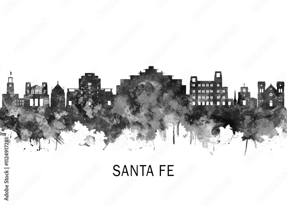 Santa Fe New Mexico Skyline BW, cityscape landscape watercolor painting print poster abstract splash illustration urban art modern downtown landmarks skyscrapers Santa Fe New Mexico Skyline BW, cityscape landscape watercolor painting print poster abstract splash illustration urban art modern downtown landmarks skyscrapers