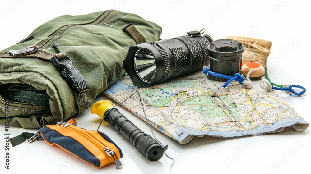 A collection of outdoor gear including a backpack, flashlight, map, and tools for navigation and exploration. A collection of outdoor gear including a backpack, flashlight, map, and tools for navigation and exploration.