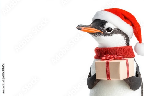 Close-up of a penguin wearing a santa hat and scarf, holding a wrapped gift, perfect for christmas projects photo