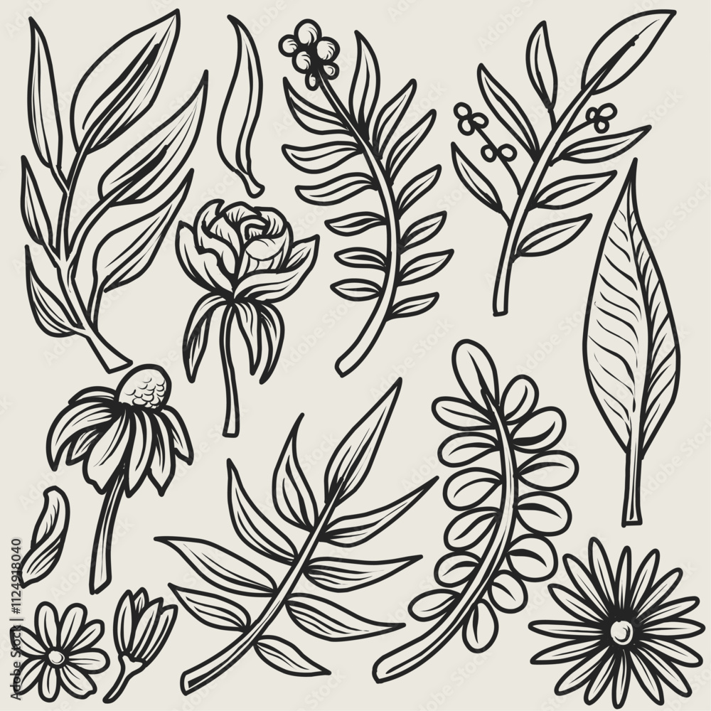 Fototapeta premium Hand drawn flower and leave lineart