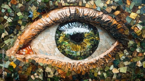 Mosaic of Forest Fragments Forming a Human Eye Iris: A Symbol of Ecological Awareness and Environmental Stewardship. Overhead Perspective.