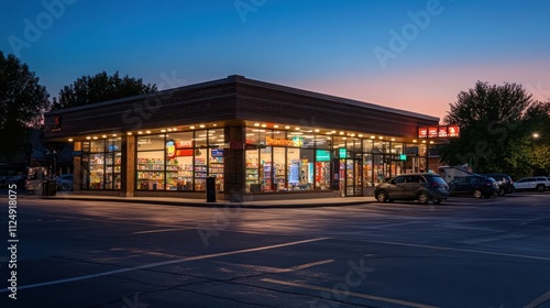Convenience store with storefront parking illuminated by warm streetlights at dusk, busy urban surroundings,