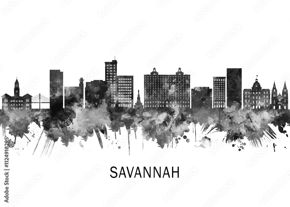 Obraz premium Savannah Georgia Skyline BW, cityscape landscape watercolor painting print poster abstract splash illustration urban art modern downtown landmarks skyscrapers