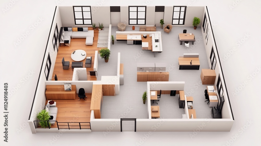 Modern Open-Concept Office with Collaborative Workspaces and Bright Lighting Modern Open-Concept Office with Collaborative Workspaces and Bright Lighting