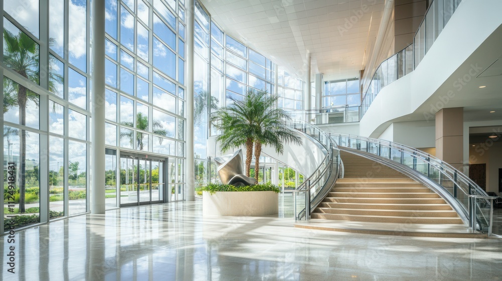 Stylish and modern mall with a grand staircase The design incorporates floor-to-ceiling glass walls and a central statue background AI generated image Stylish and modern mall with a grand staircase The design incorporates floor-to-ceiling glass walls and a central statue background AI generated image