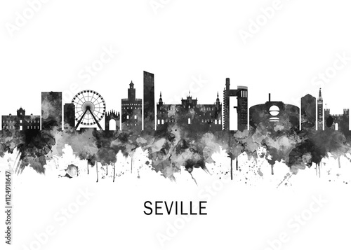 Seville Spain Skyline BW, cityscape landscape watercolor painting print poster abstract splash illustration urban art modern downtown landmarks skyscrapers