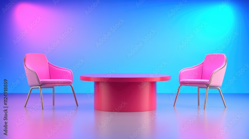 Obraz premium Vibrant Pink Chairs and Round Table against Gradient Colorful Background
