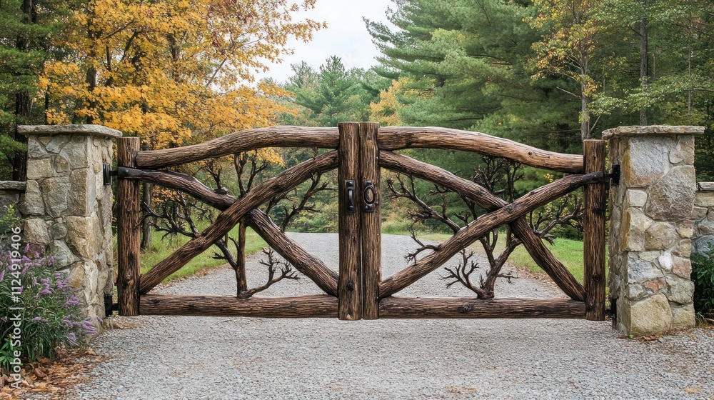 Countryside-inspired rustic gate crafted from raw timber and accented with hand-forged ironwork Countryside-inspired rustic gate crafted from raw timber and accented with hand-forged ironwork