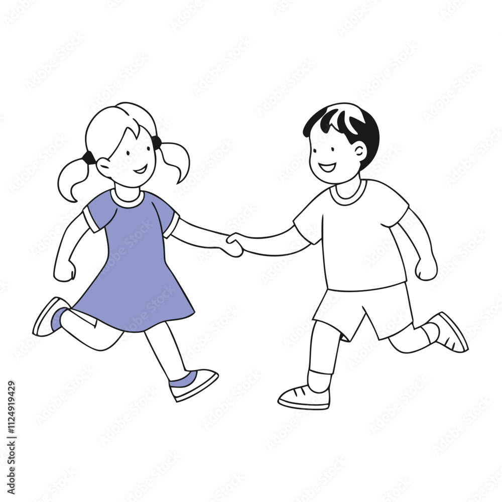 a black and white line drawing of a boy and a girl holding hands and running together a black and white line drawing of a boy and a girl holding hands and running together