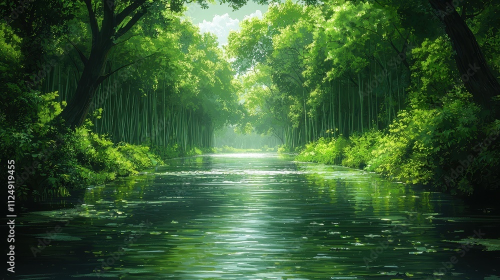 Obraz premium Serene Reflection of Lush Green Trees in Tranquil Forest River Landscape