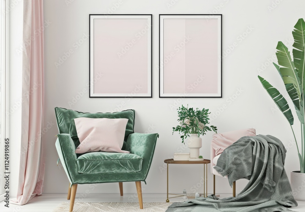 Two empty frames hang above a green velvet armchair with pink pillows in a minimalist living room with a white wall Two empty frames hang above a green velvet armchair with pink pillows in a minimalist living room with a white wall
