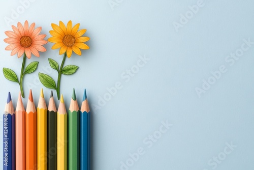 A set of colored pencils laid out in a gradient, with a partially finished colorful drawing of flowers on the side photo