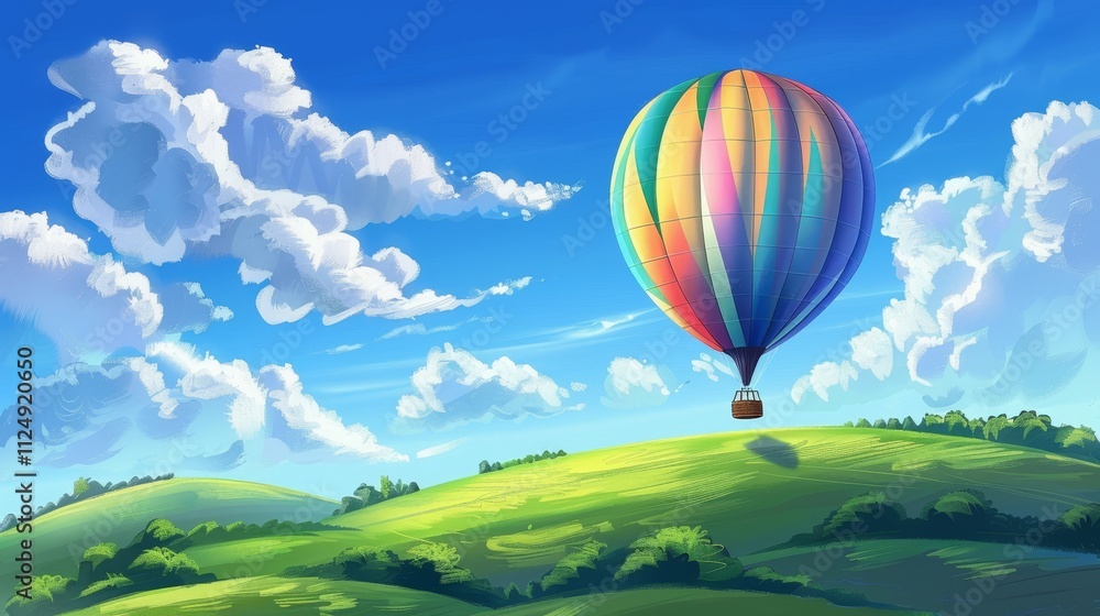 Fototapeta premium A colorful hot air balloon floating over lush green hills under a bright blue sky with fluffy clouds.