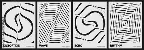 Black and white image with dynamic effect. Optic art illustration of squares or circles. The geometric background by stripes. 3d vector for brochure, cover, presentation, card, etc.