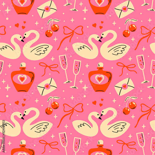 Saint Valentine's Day seamless vector pattern with cute groovy funky cartoon illustration of different romantic objects, coquette bow, swan, love potion, heart, cherry, 14 February design concept