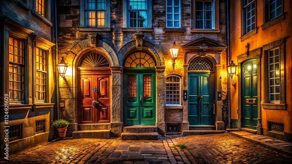 Fototapeta premium Night Photography: Mystical Door & Window Selection, Dark Ambiance, Architectural Details, Night Scene