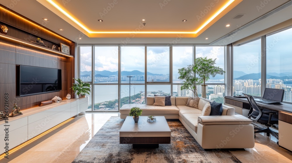 Wide shot of living room features a stylish home design with a comfortable sofa, stylish desk and large windows that offer views of the outdoors, creating a warm and inviting atmosphere Wide shot of living room features a stylish home design with a comfortable sofa, stylish desk and large windows that offer views of the outdoors, creating a warm and inviting atmosphere