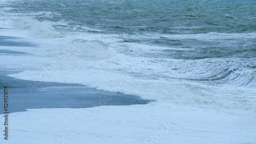 Vitality Of Blue Energy And Dark Water. Huge Sea Waves Crash Powerfully In Storm. Static. photo