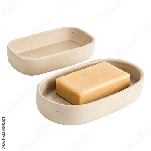 A minimalist Beige ceramic soap dish with a bar of beige soap resting inside, isolated on a transparent background photo