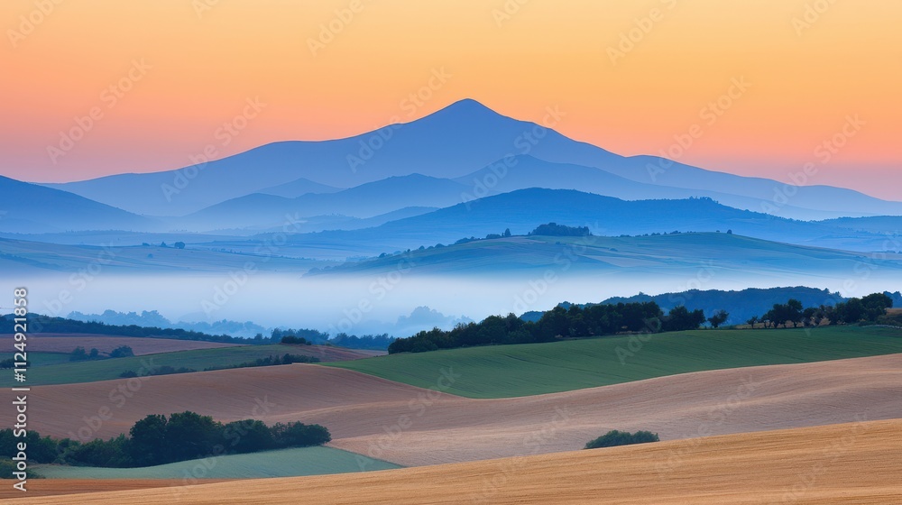 Serene Landscape with Rolling Hills and Misty Mountains at Sunrise in Soft Pastel Colors