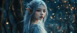 A stunning Asian fairy girl with smooth radiant skin and long flowing silver hair standing gracefully in the moonlit background wallpaper AI generated image