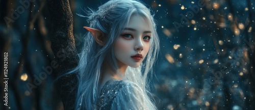 A stunning Asian fairy girl with smooth radiant skin and long flowing silver hair standing gracefully in the moonlit background wallpaper AI generated image