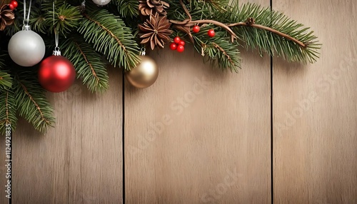 Festive Christmas or New Year Background. Christmas tree branches with holly berries, Jingle bell and xmas ball. Holiday's Background. Vector illustration See Less