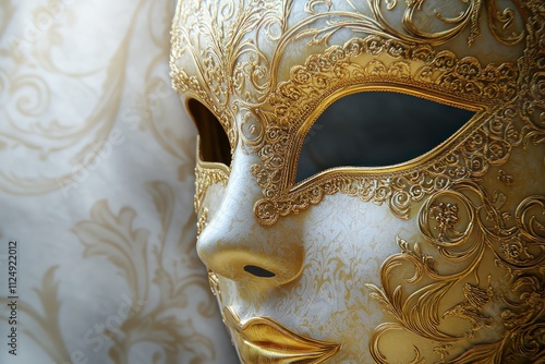 A close-up of a gold filigree mask, with an elaborate design that suggests Venetian craftsmanship, set against a backdrop of soft, faded damask. photo