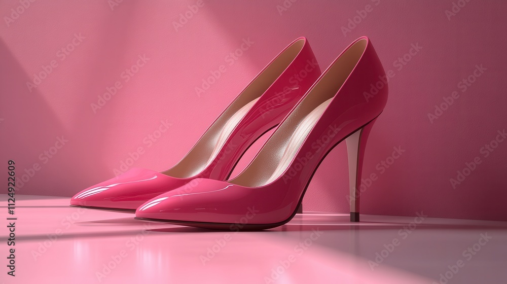 Elegant pink high heels on a reflective surface with soft lighting. Elegant pink high heels on a reflective surface with soft lighting.