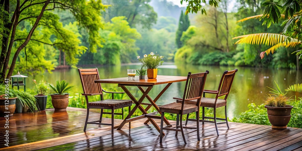 Obraz premium Rain-Soaked River View: Garden Furniture on Wooden Decking - Outdoor Patio Set Photography