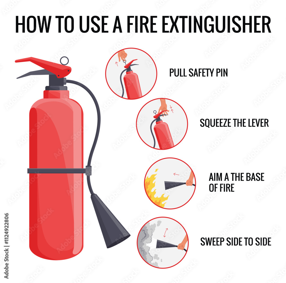 Fire extinguisher instruction. Fire prevention and extinguishing tips. Safety Information, poster or banner for website. Cartoon flat vector illustrations isolated on blue background