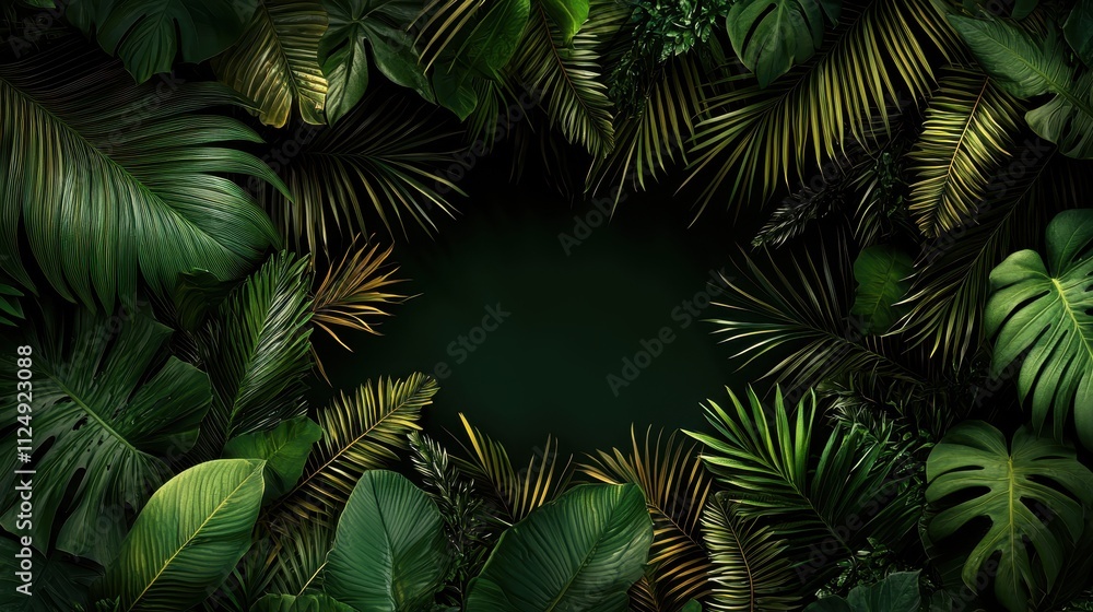 Lush Tropical Foliage Surrounding Dark Background with Vibrant Green Leaves and Texture Lush Tropical Foliage Surrounding Dark Background with Vibrant Green Leaves and Texture