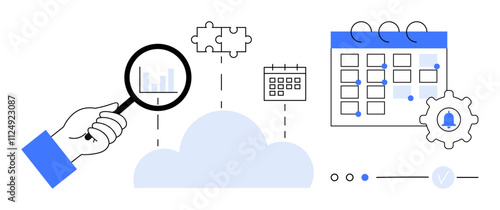 Hand holding magnifying glass over cloud with bar graph, puzzle pieces, calendar, and gear. Ideal for project planning, data analysis, cloud computing, productivity, teamwork scheduling management