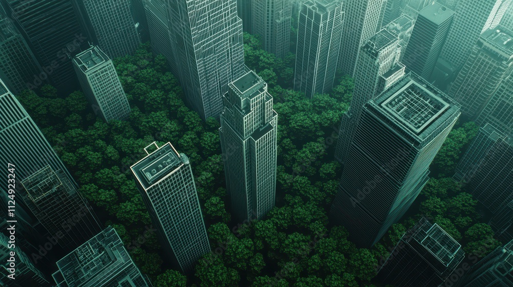 Obraz premium Urban Jungle Overview with Skyscrapers Surrounded by Lush Green Trees and Foliage