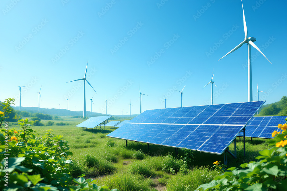 A vibrant field of solar panels surrounded by lush greenery, with wind turbines spinning under a clear blue sky. A clean and futuristic energy landscape A vibrant field of solar panels surrounded by lush greenery, with wind turbines spinning under a clear blue sky. A clean and futuristic energy landscape