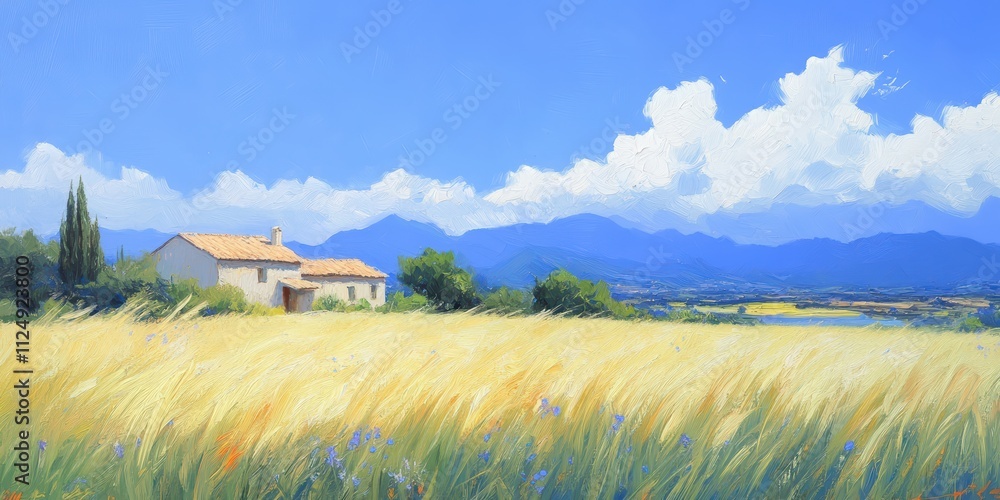 Serene Countryside Landscape with Golden Field and Blue Sky Serene Countryside Landscape with Golden Field and Blue Sky